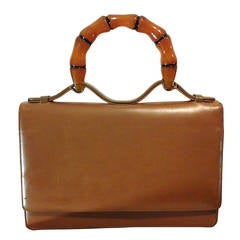 Vintage 1960s Harry Rosenfeld Accordion Leather Faux Bamboo Lucite Handle Handbag