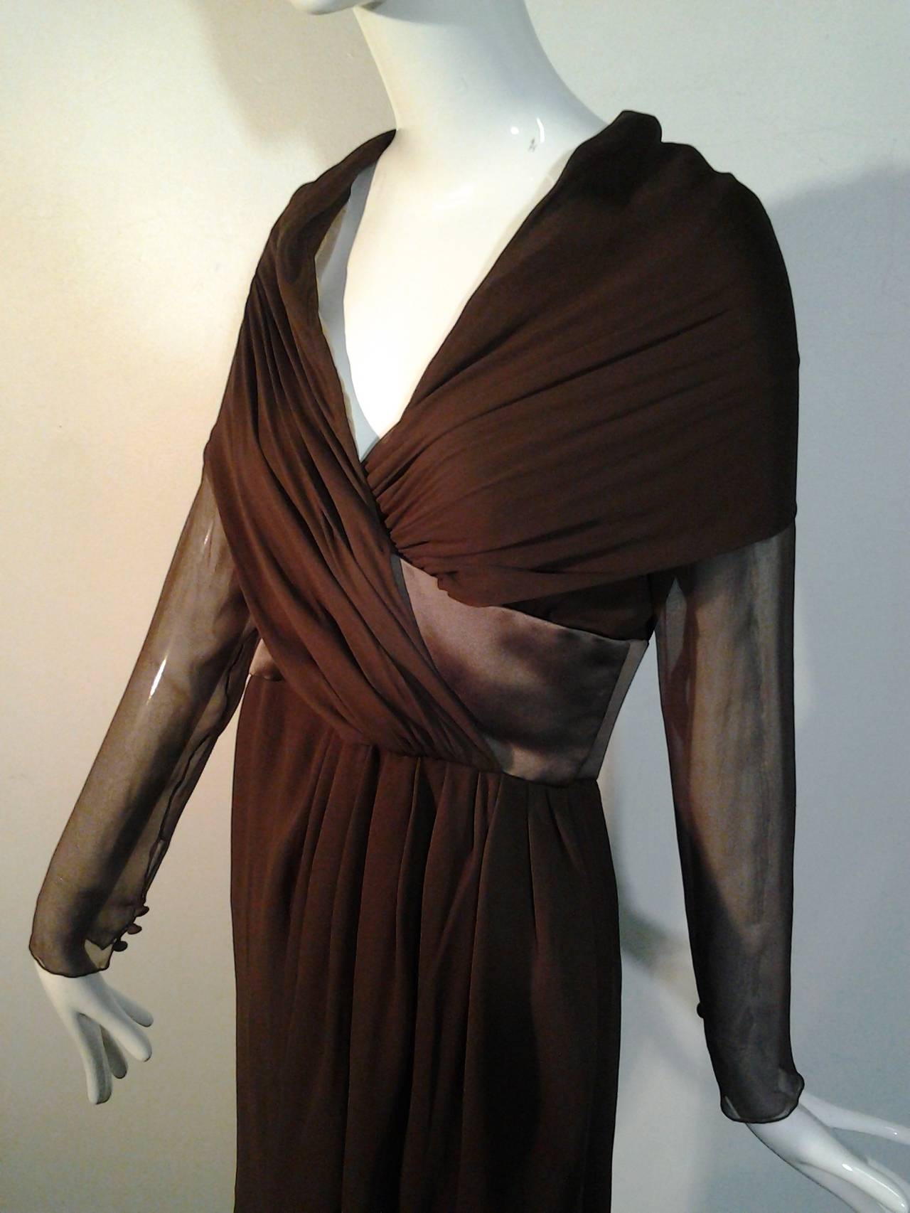 1980s Bill Blass Chocolate Chiffon Shawl-Collar Wrap-Front Cocktail Dress In New Condition In Gresham, OR