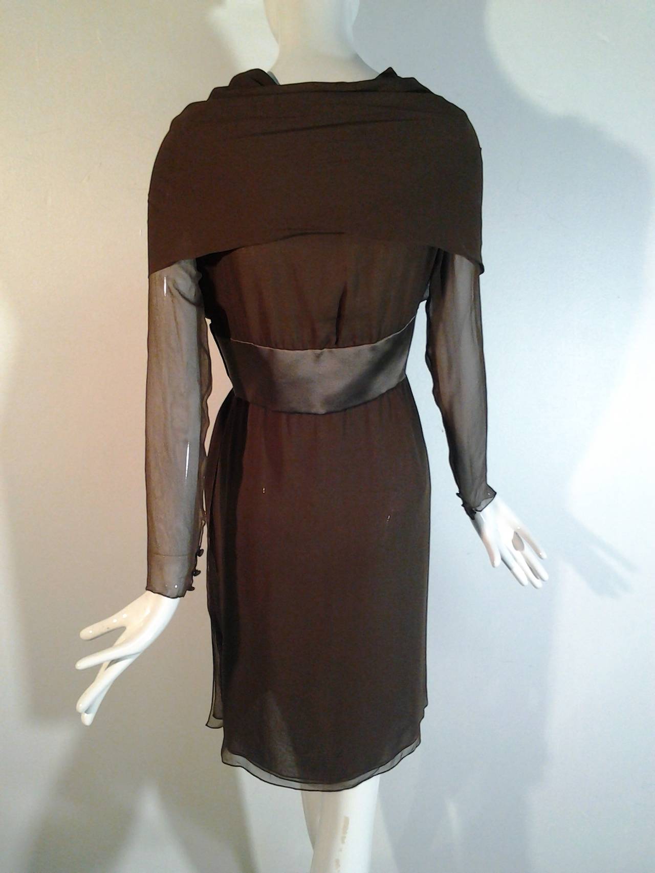 Women's 1980s Bill Blass Chocolate Chiffon Shawl-Collar Wrap-Front Cocktail Dress