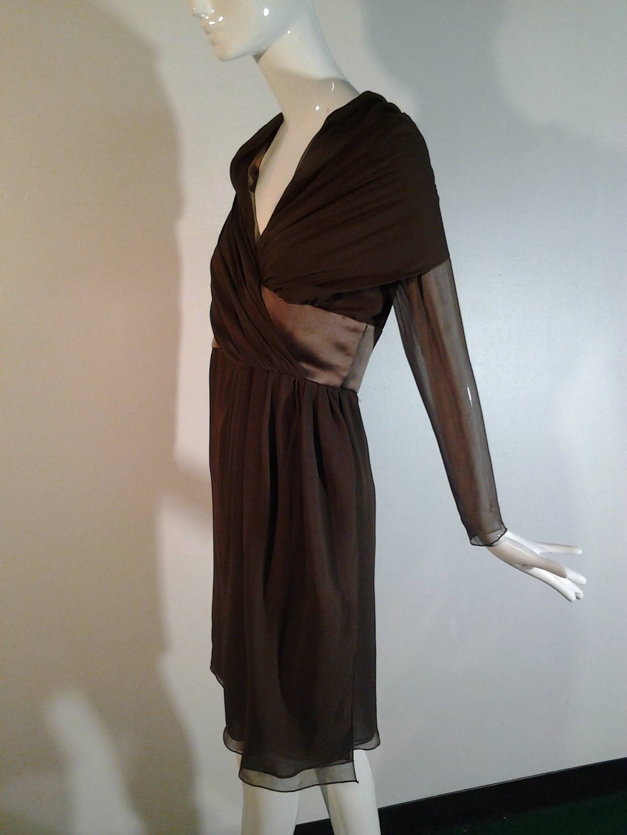 1980s Bill Blass Chocolate Chiffon Shawl-Collar Wrap-Front Cocktail Dress 1