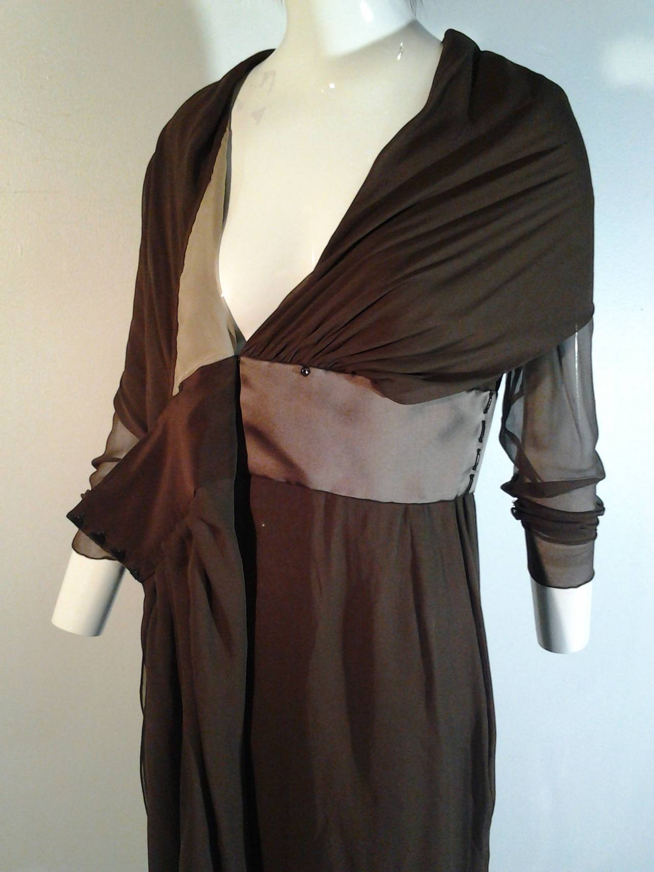 1980s Bill Blass Chocolate Chiffon Shawl-Collar Wrap-Front Cocktail Dress 2
