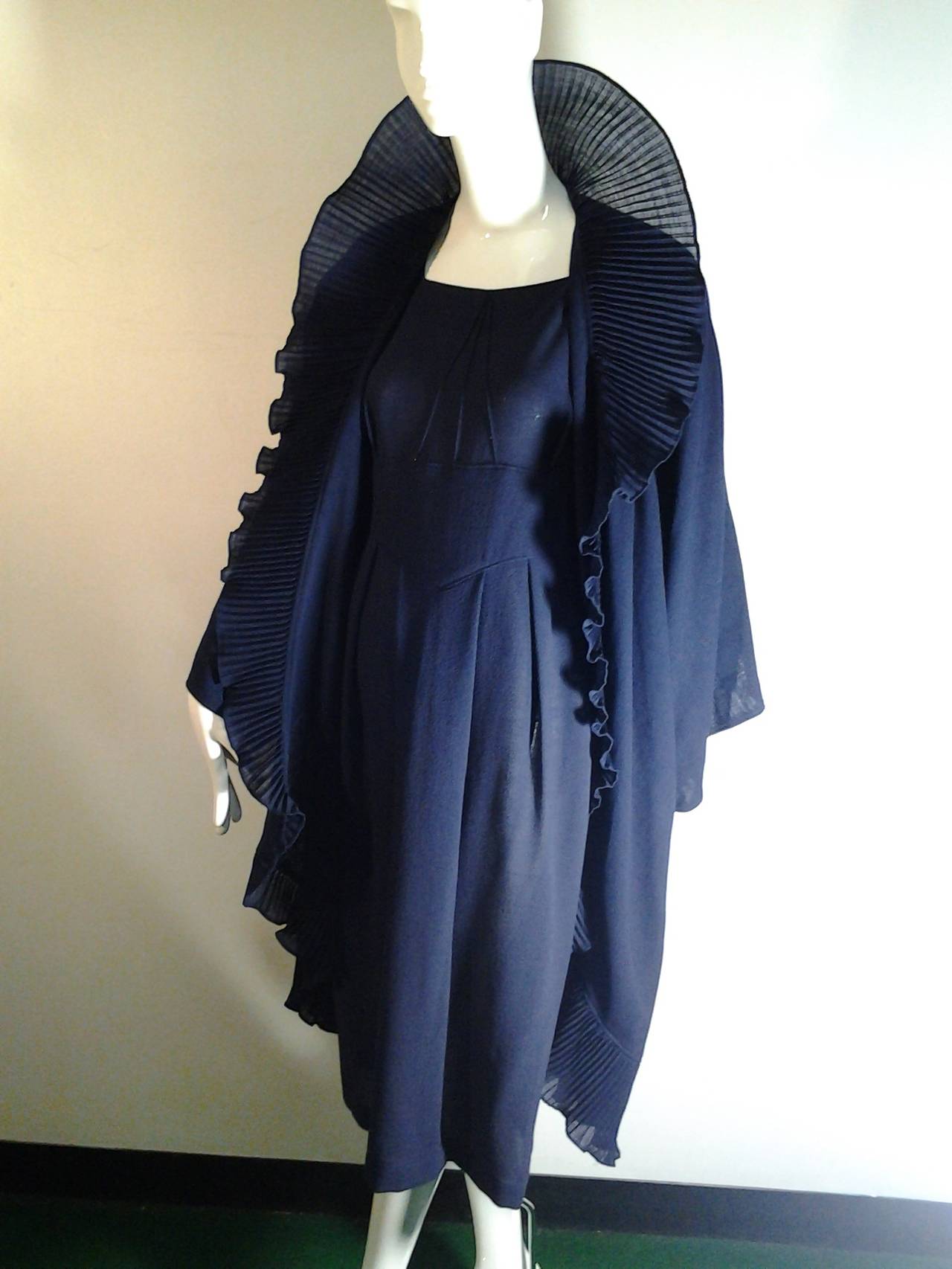 1990s Jeanne Muir Navy Crepe Dress and Cocoon Coat Ensemble In Excellent Condition In Gresham, OR