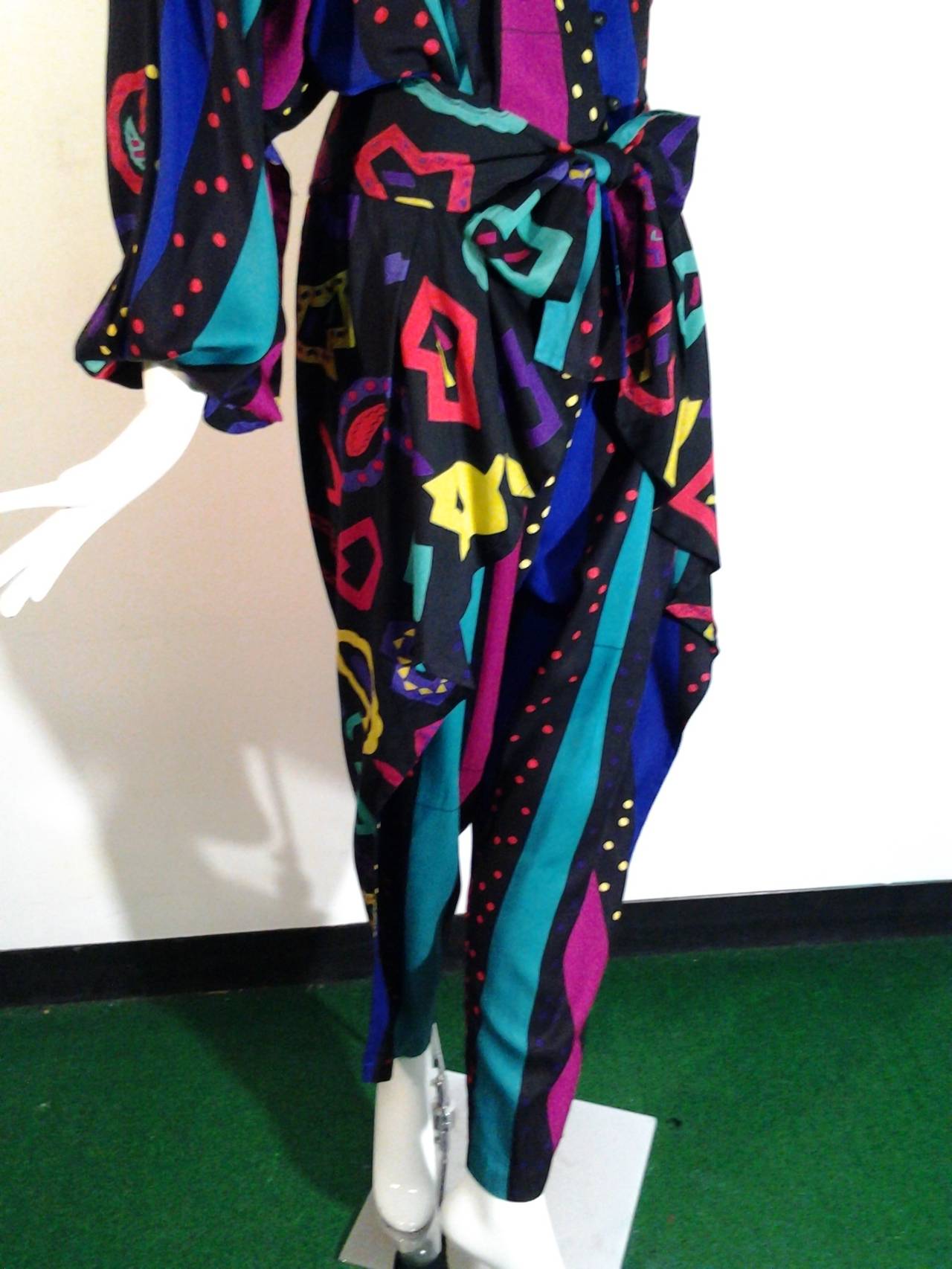 1980s Jeanne Marc Abstract Print Rayon Jumpsuit w/ Wrap Front at 1stDibs