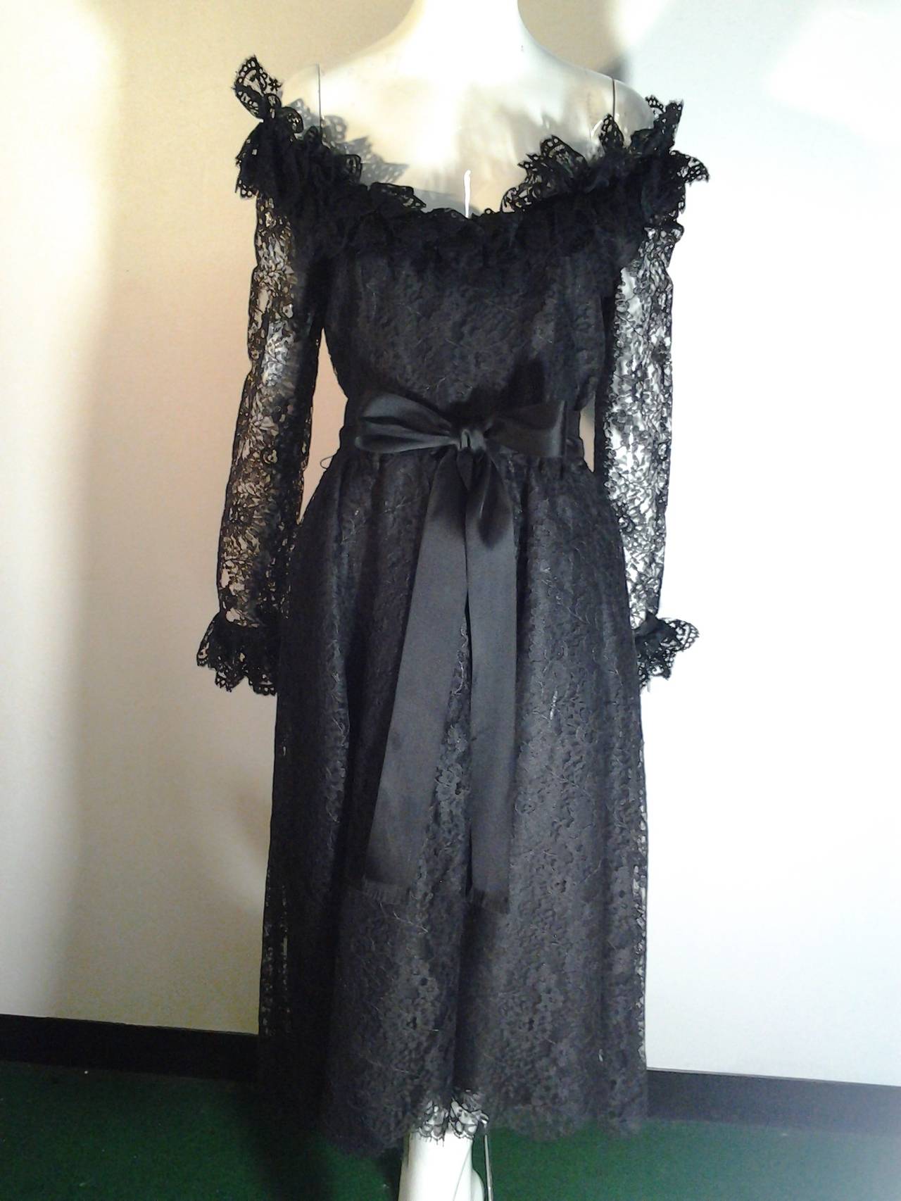 Black 1970s Oscar de La Renta Lace Illusion and Ruffle Cocktail Dress