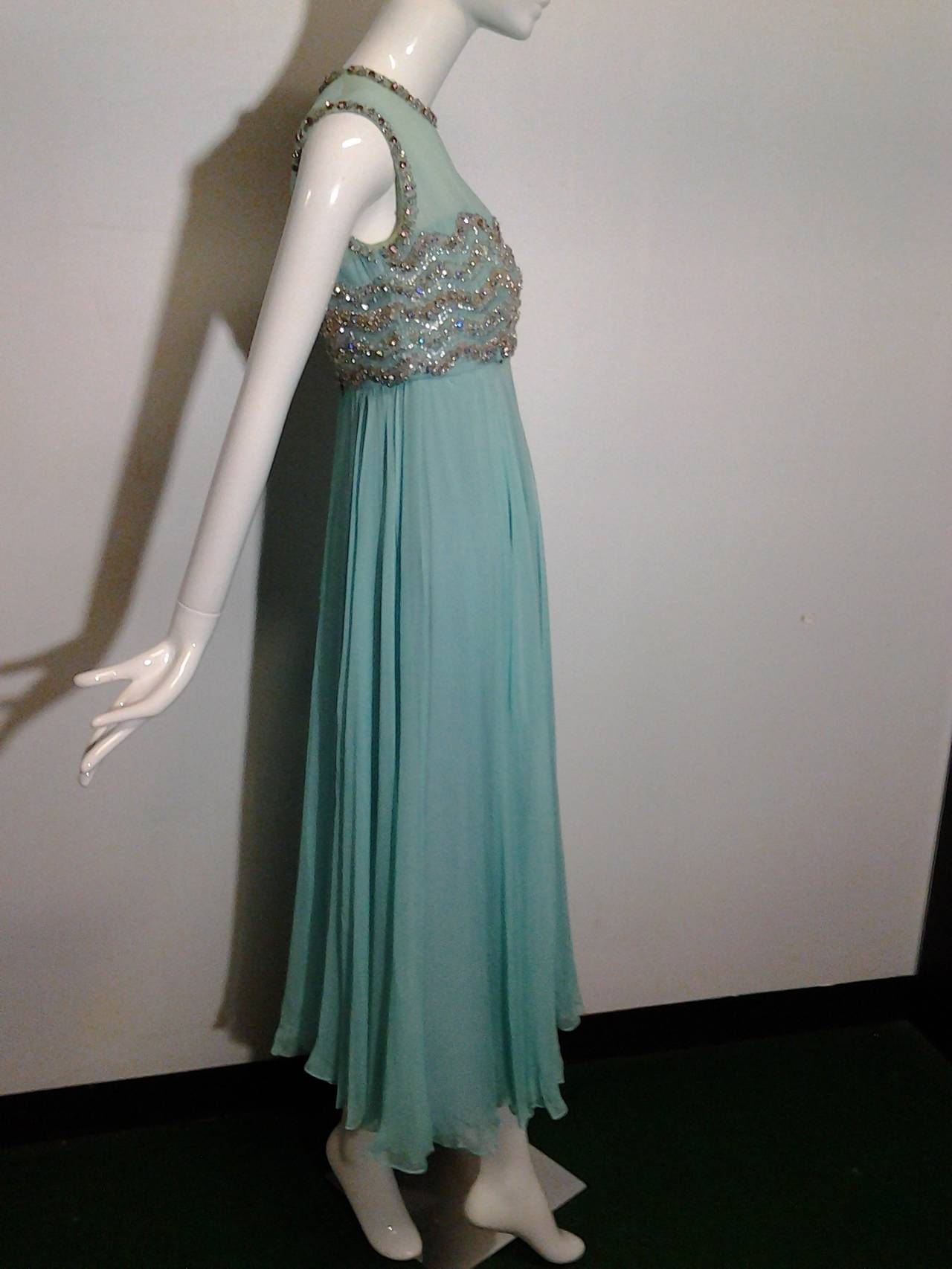 Gray 1960s Aqua Silk Chiffon Empire Gown with Heavily Beaded Bodice