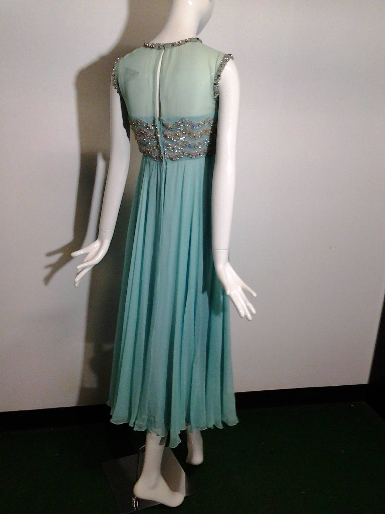 1960s Aqua Silk Chiffon Empire Gown with Heavily Beaded Bodice In Excellent Condition In Gresham, OR