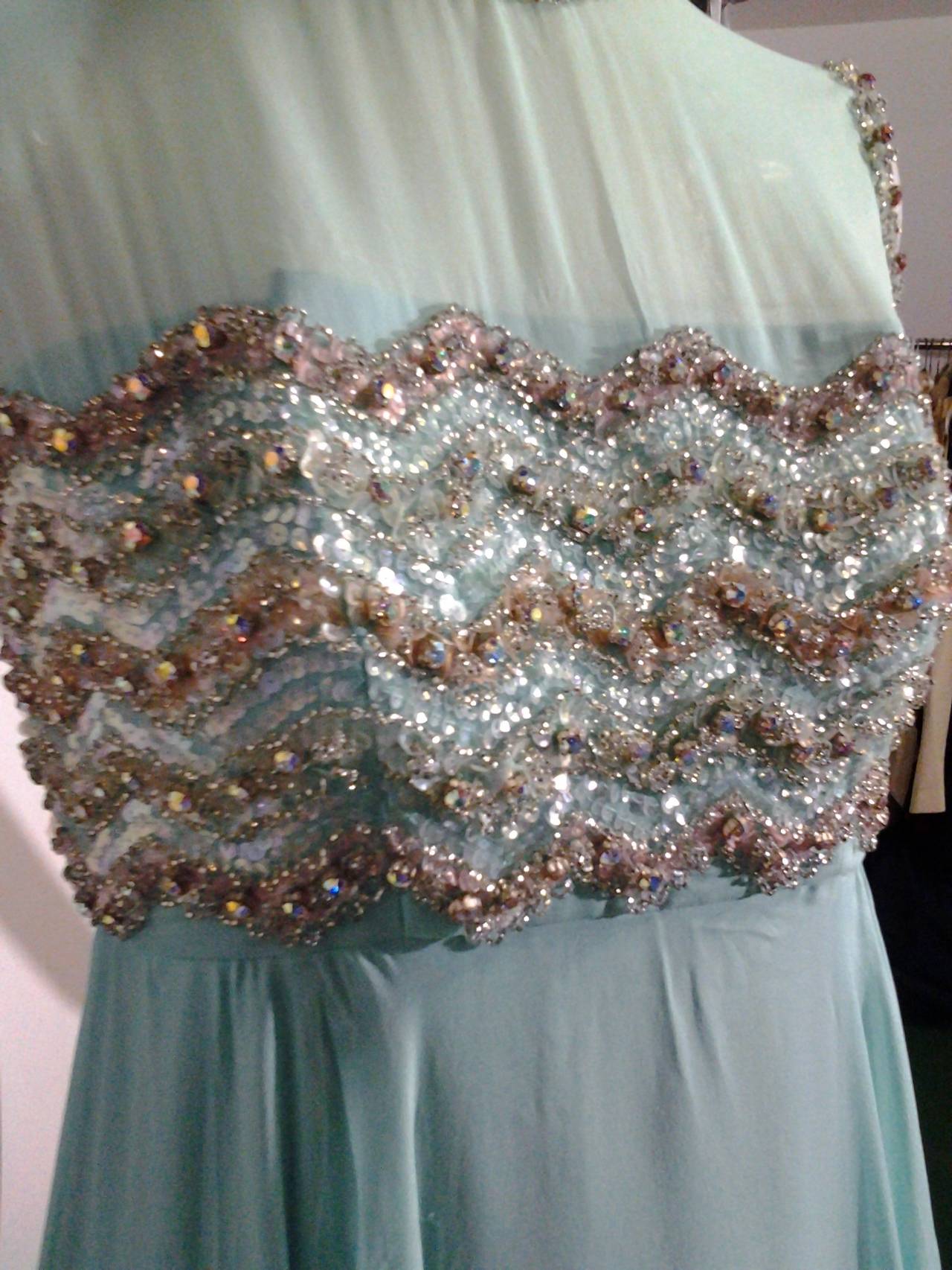 Women's 1960s Aqua Silk Chiffon Empire Gown with Heavily Beaded Bodice