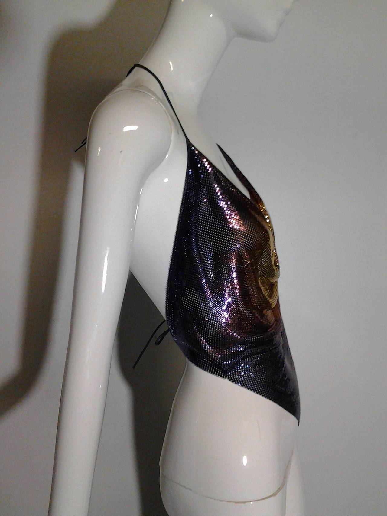 Haut Support Vintage Whiting & Davis Années 70 - Maille Métallique Dorée - Dos Nu Ouvert - Taille Unique