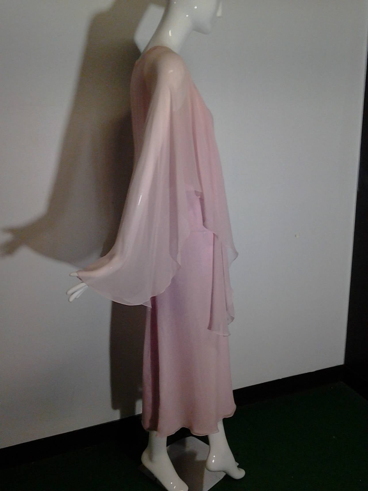 1970s Halston Orchid Pink Silk Chiffon Sheath w/ Attached Overlay In Good Condition In Gresham, OR
