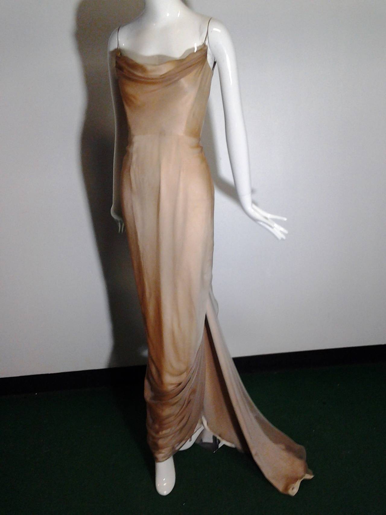 1990s Richard Tyler ombre silk chiffon and silk satin bias gown with boning in bodice and detachable spaghetti straps.