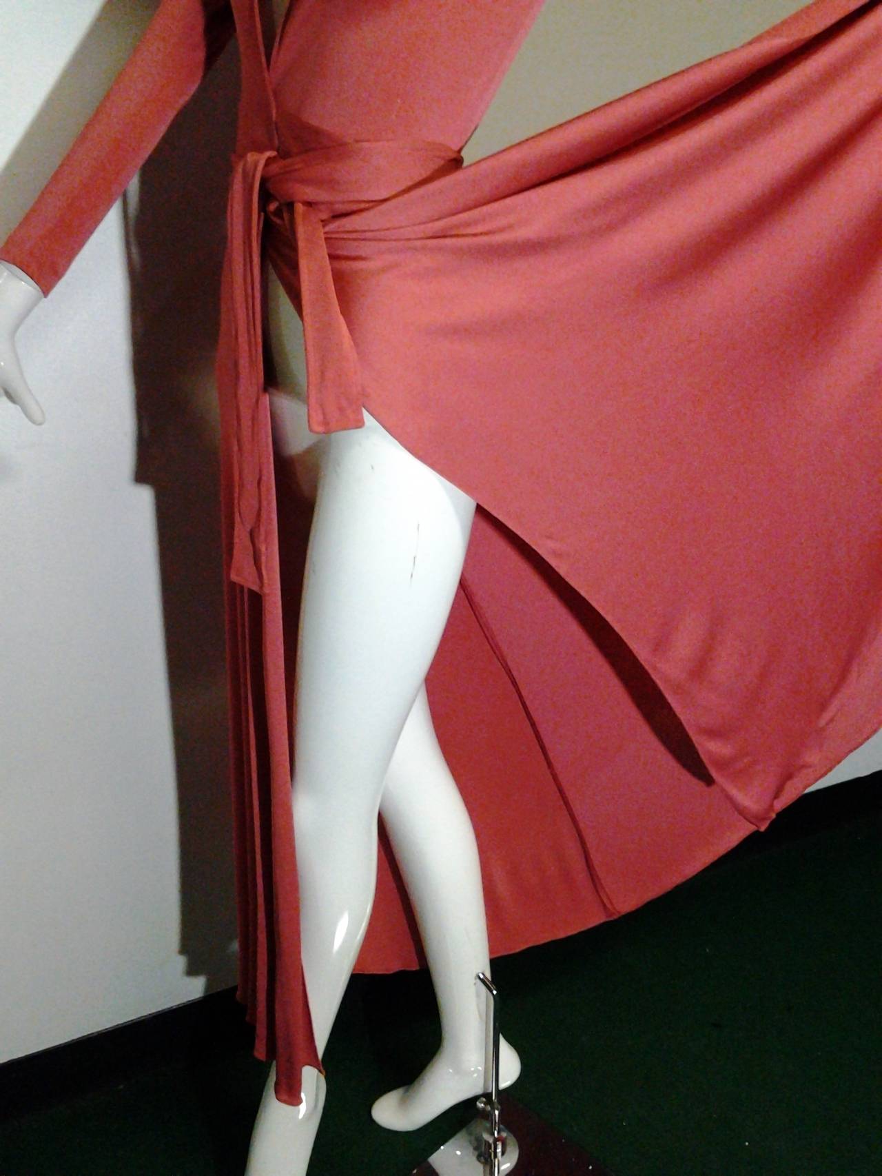 1970s Scott Barrie Persimmon Matte Jersey Disco Wrap Dress In Excellent Condition In Gresham, OR