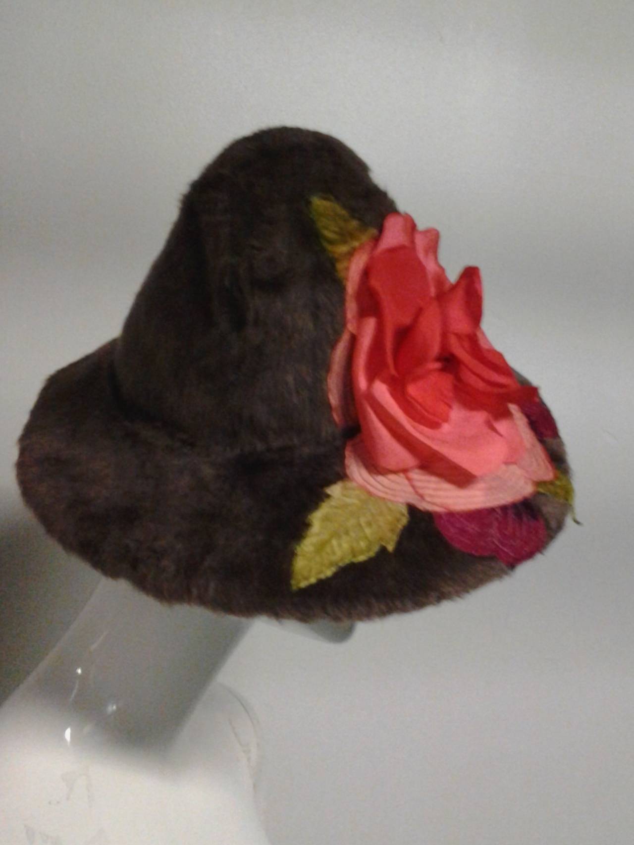 Red 1930s John Fredericks Taupe Angora Hat with Silk Flower and Peaked Crown