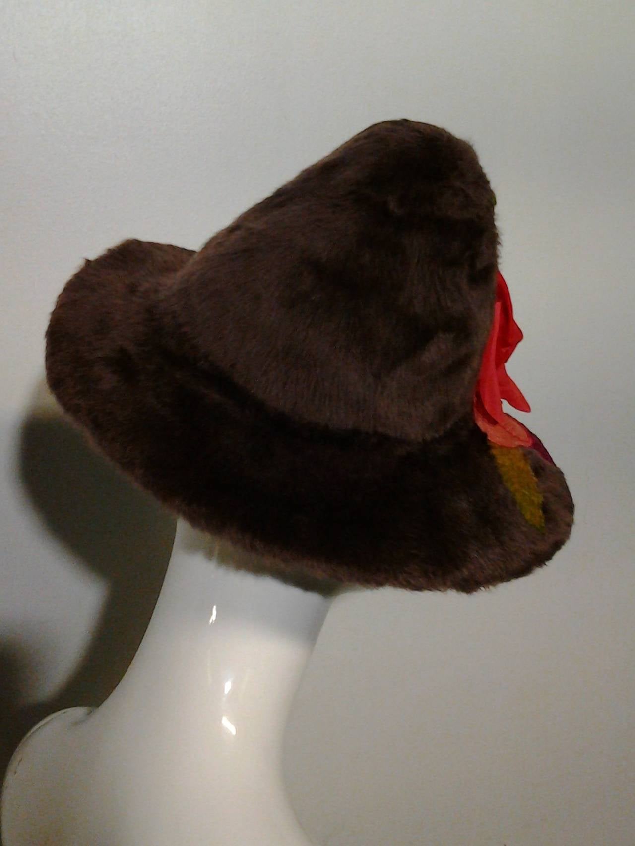 1930s John Fredericks Taupe Angora Hat with Silk Flower and Peaked Crown In Excellent Condition In Gresham, OR