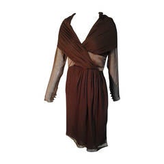 1980s Bill Blass Chocolate Chiffon Shawl-Collar Wrap-Front Cocktail Dress 4