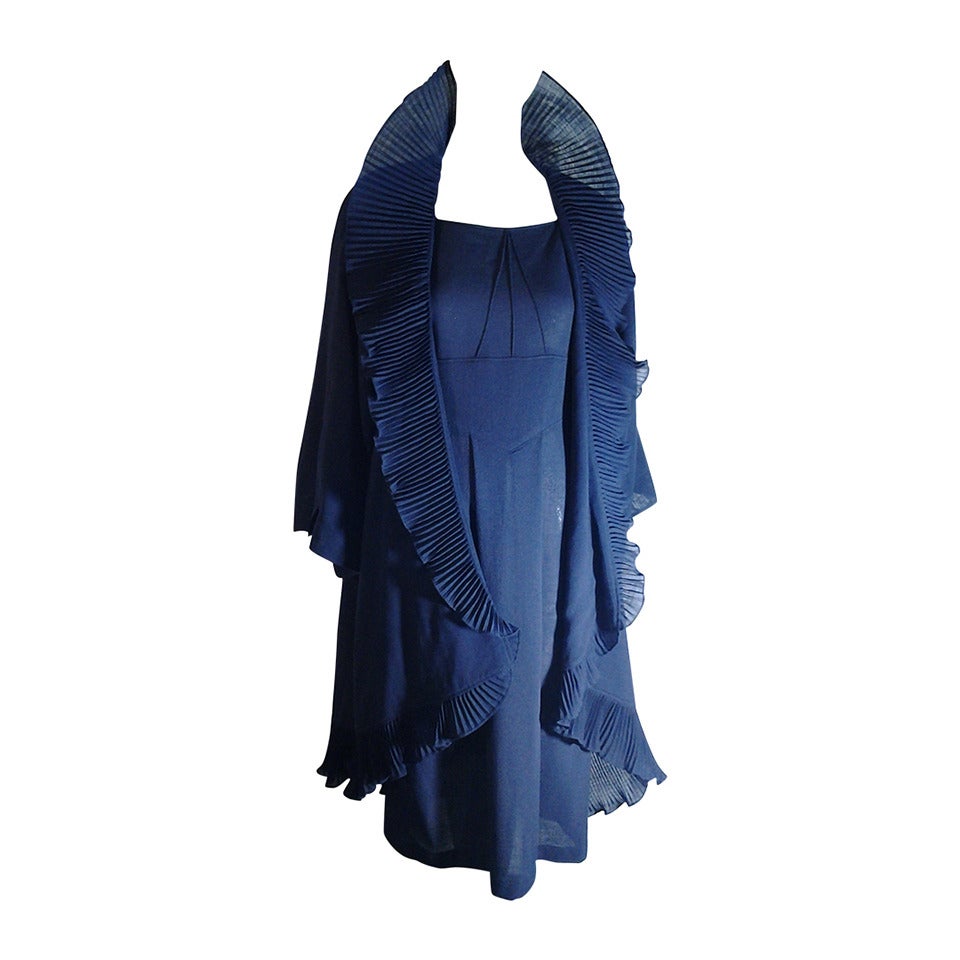 1990s Jeanne Muir Navy Crepe Dress and Cocoon Coat Ensemble