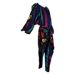 Vintage 1980s Jeanne Marc Abstract Print Rayon Jumpsuit w/ Wrap Front