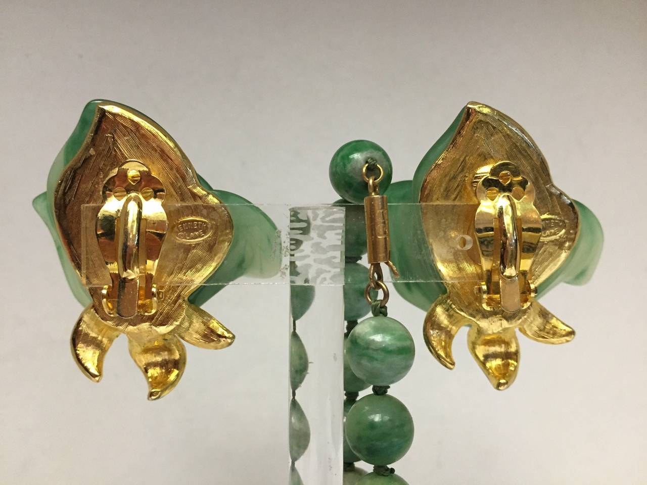 Kenneth Jay Lane Jadeite Rose Earrings and Vintage Genuine Bead Choker Lot In Excellent Condition In Gresham, OR