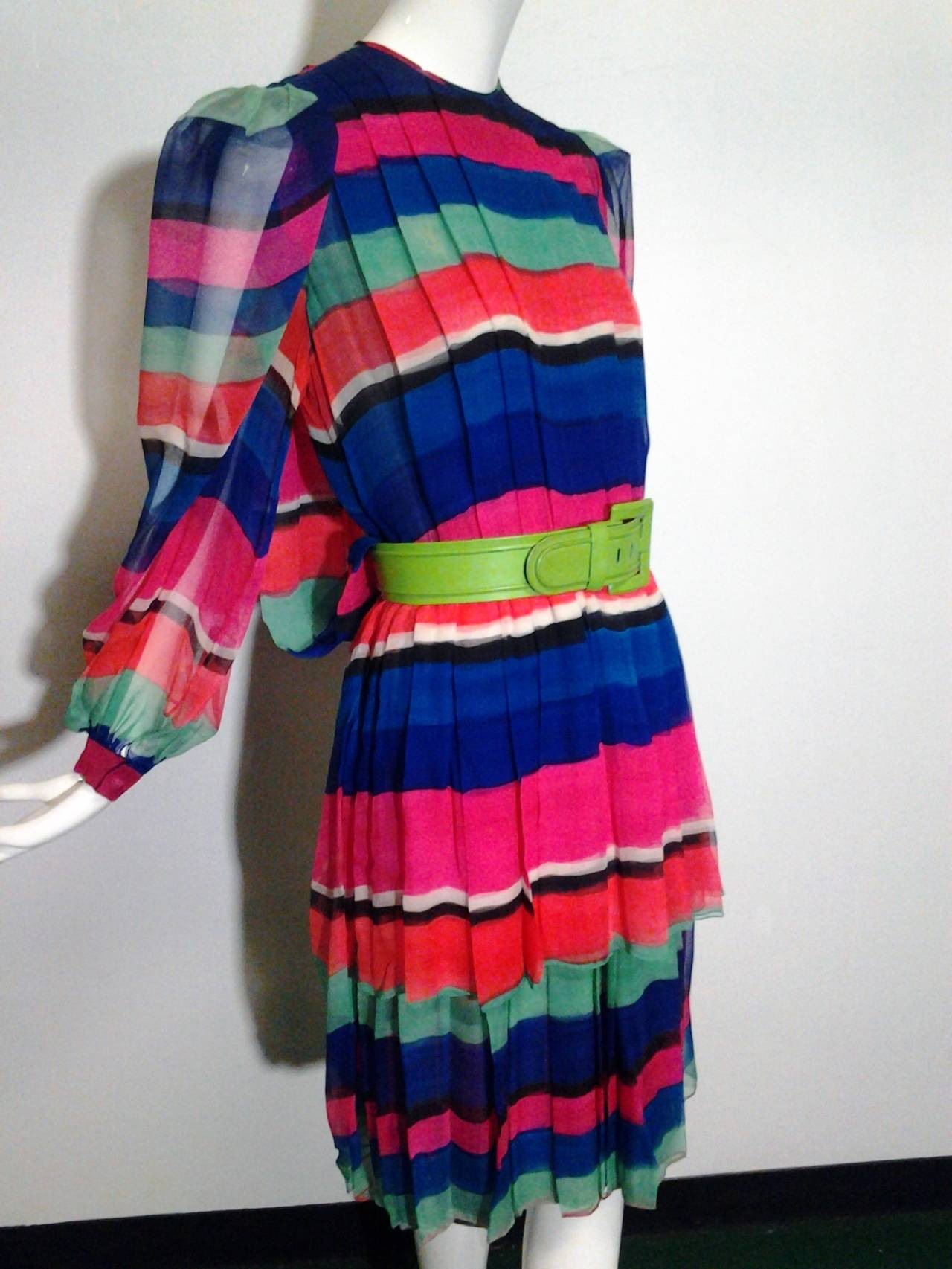 1980s James Galanos Colorful Striped Silk Chiffon Blouson-Back Dress 3