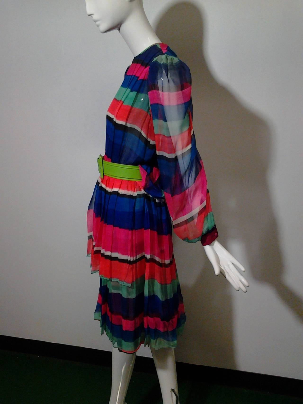 1980s James Galanos Colorful Striped Silk Chiffon Blouson-Back Dress In Excellent Condition In Gresham, OR