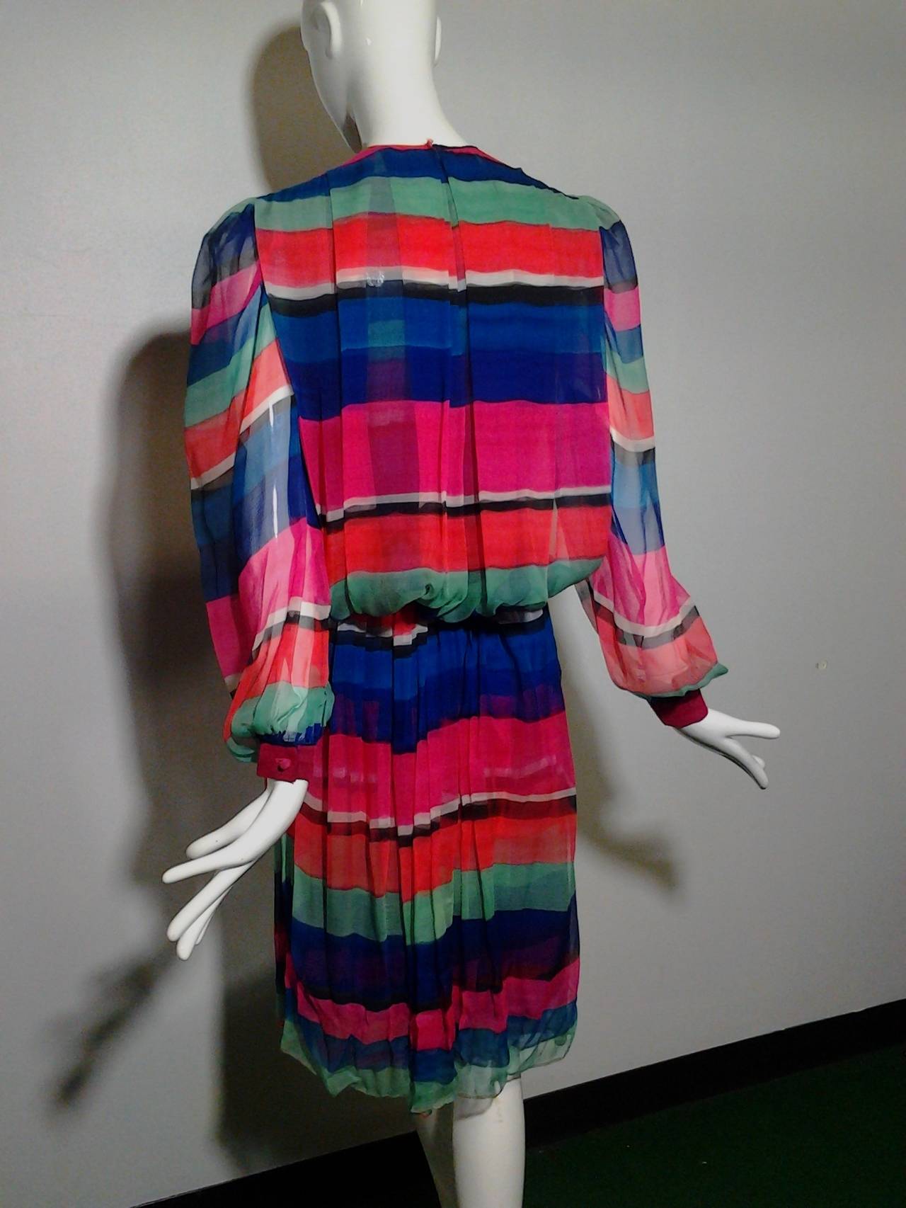 1980s James Galanos Colorful Striped Silk Chiffon Blouson-Back Dress 4