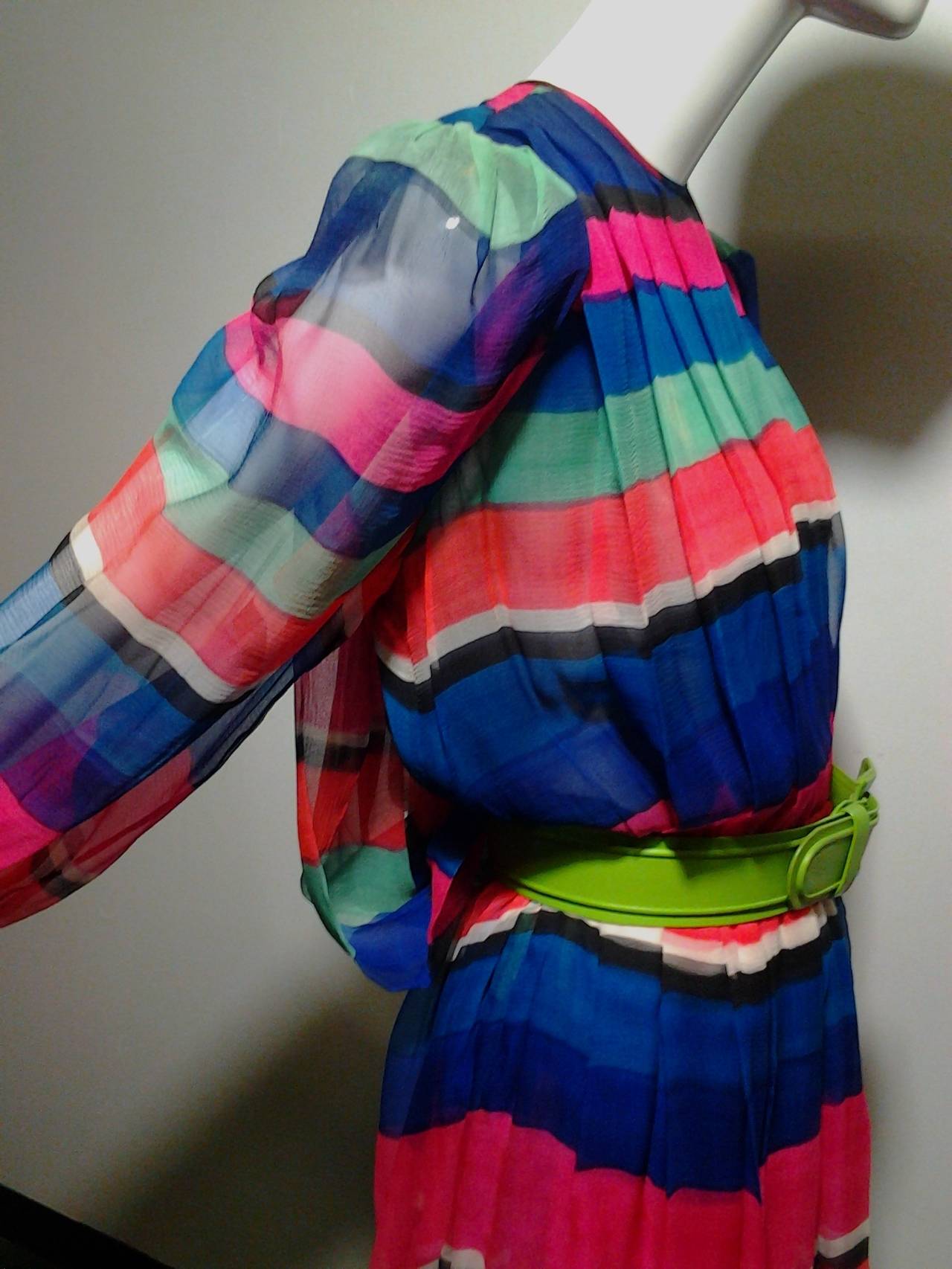 1980s James Galanos Colorful Striped Silk Chiffon Blouson-Back Dress 1
