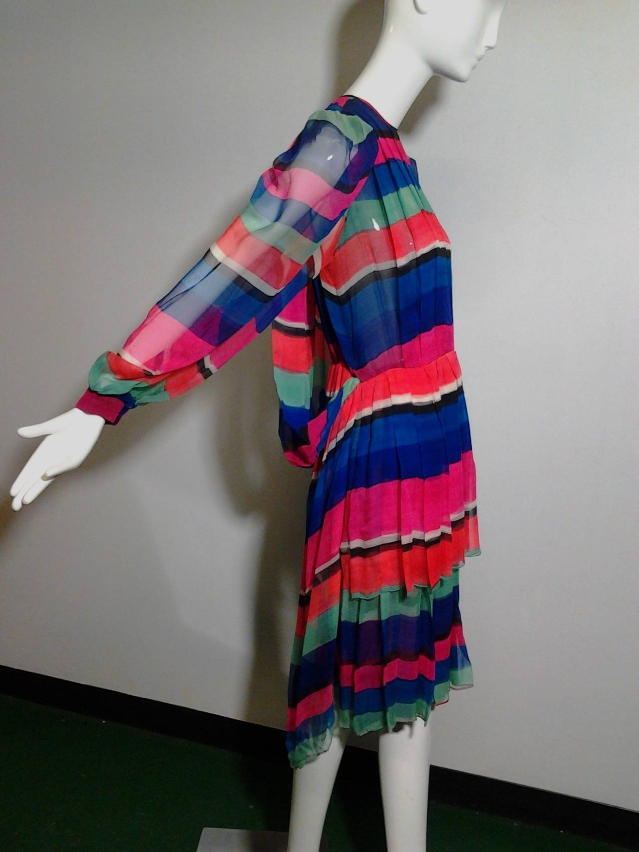 1980s James Galanos Colorful Striped Silk Chiffon Blouson-Back Dress 6