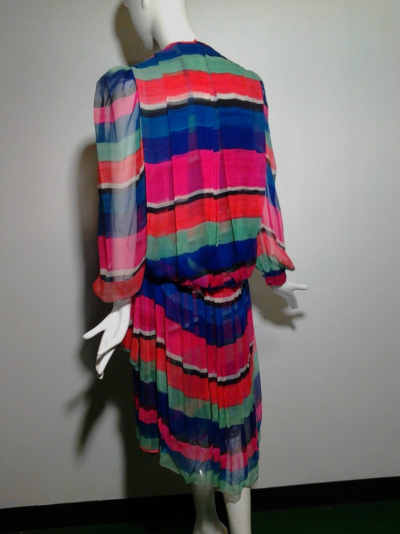 1980s James Galanos Colorful Striped Silk Chiffon Blouson-Back Dress 5