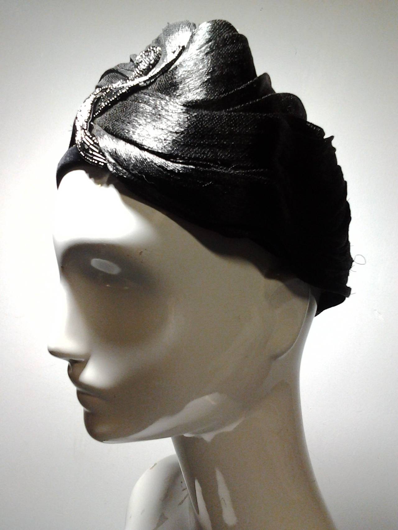 1960s Dior Black Laquered Straw Turban with Beading In Excellent Condition In Gresham, OR