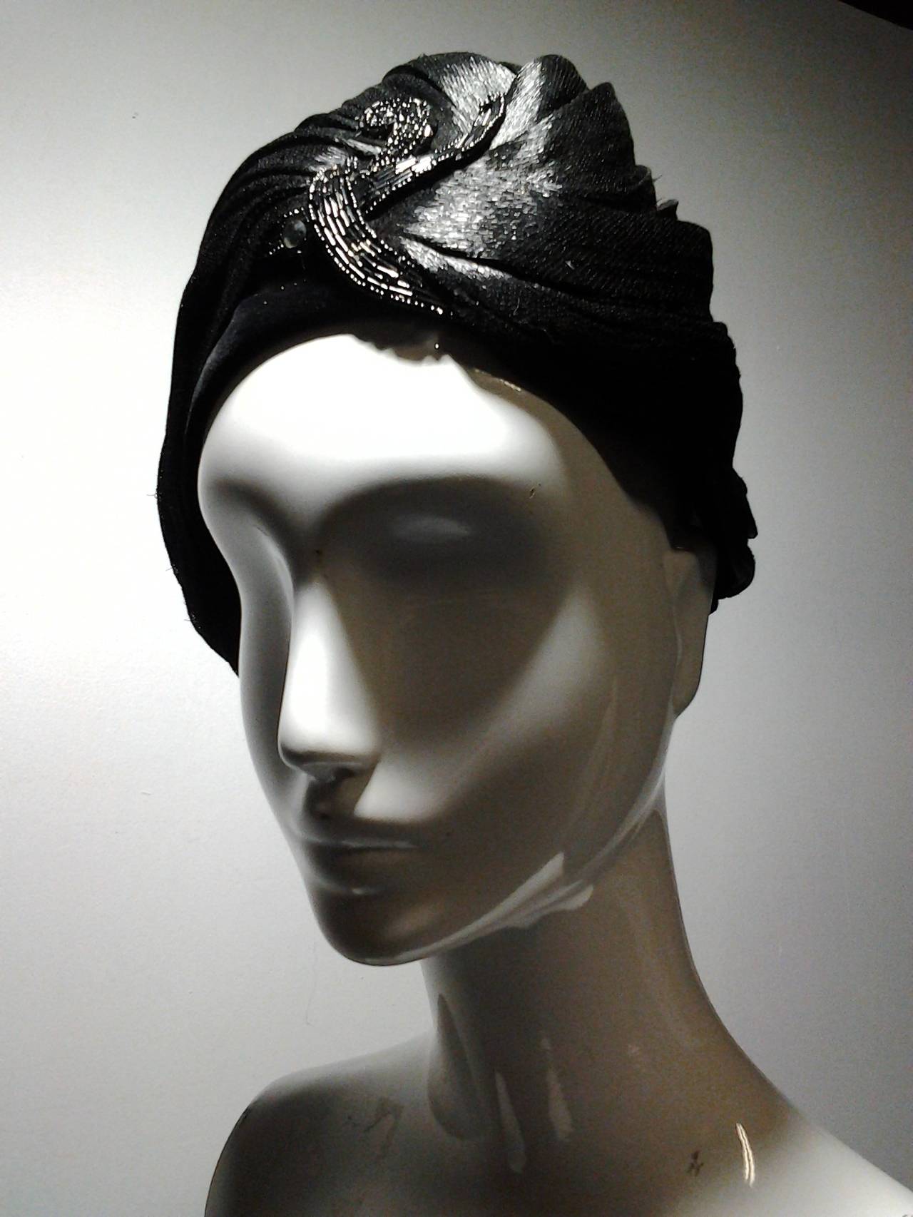 1960s Dior Black Laquered Straw Turban with Beading 1