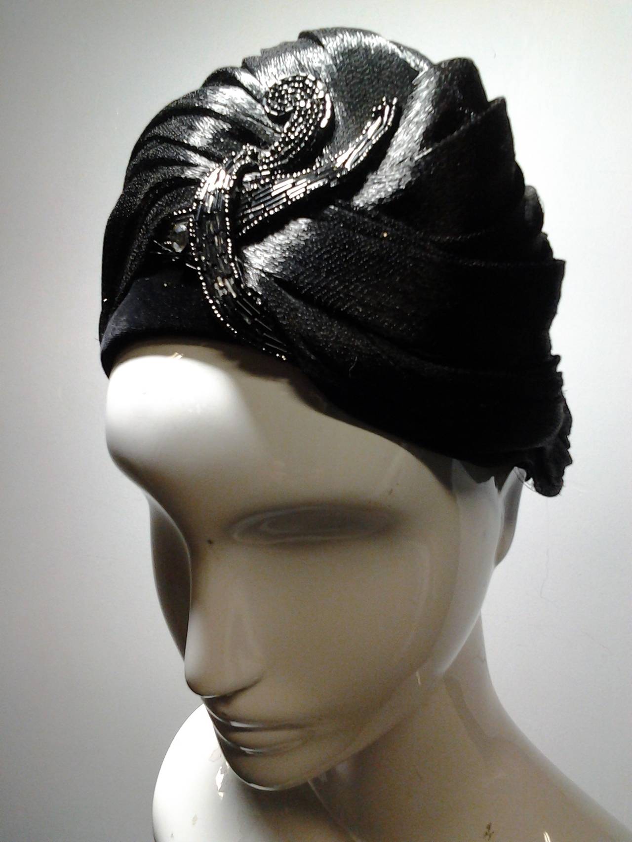 Women's 1960s Dior Black Laquered Straw Turban with Beading