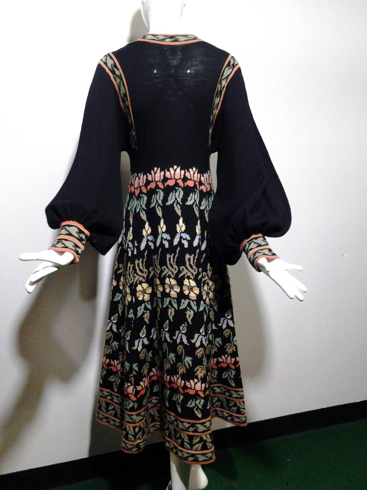 1970s Bohemian Intarsia Knit Sweater Dress w/ Balloon Sleeves 1