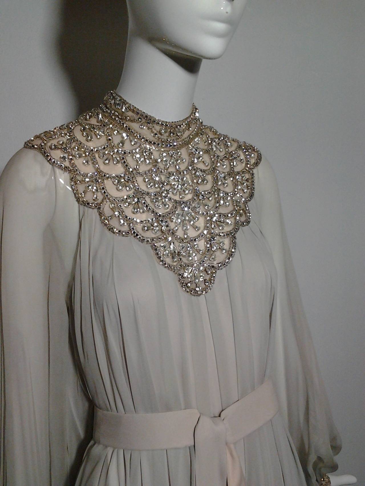 1970s Alfred Bosand Dove Gray Silk Chiffon Trapeze Gown w/ Rhinestone Bib 2