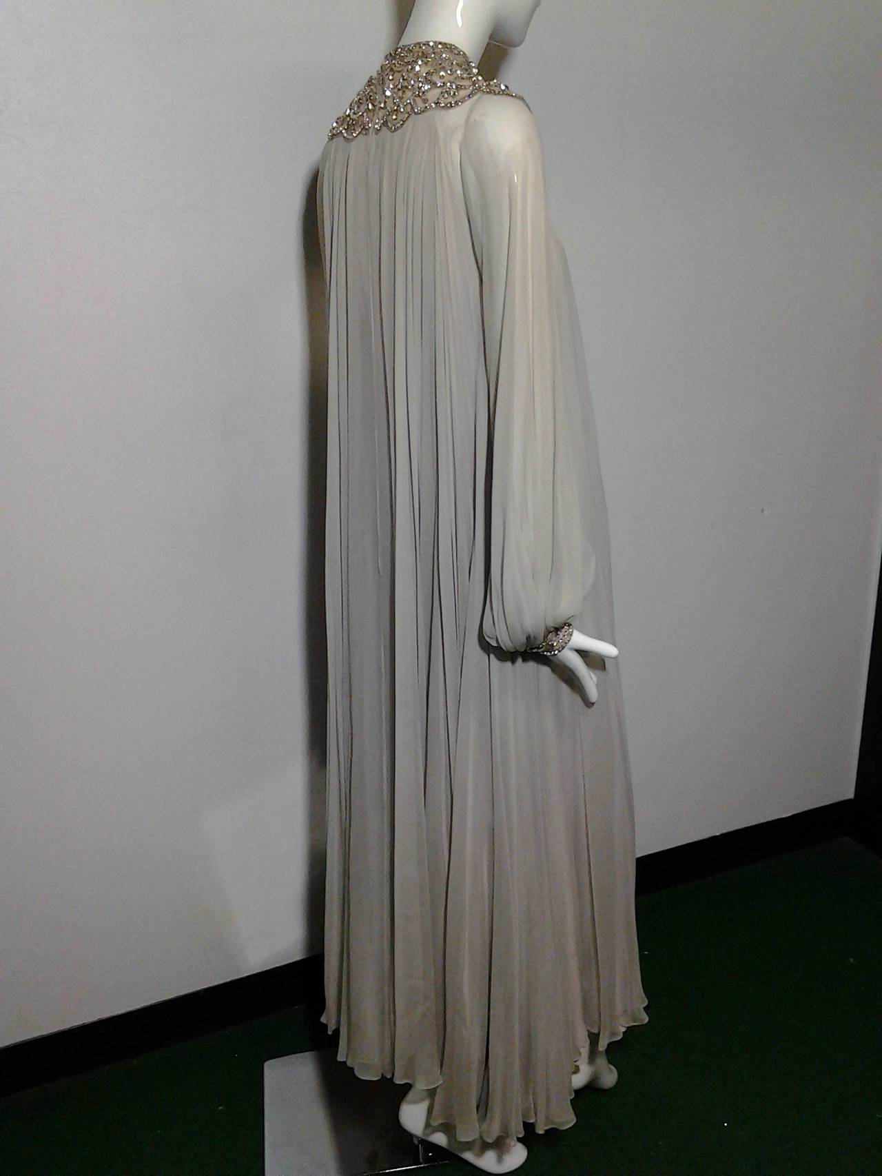 Women's 1970s Alfred Bosand Dove Gray Silk Chiffon Trapeze Gown w/ Rhinestone Bib