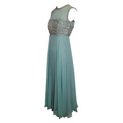 1960s Aqua Silk Chiffon Empire Gown with Heavily Beaded Bodice