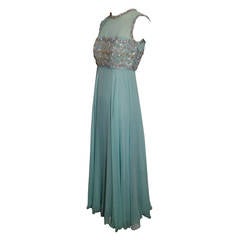 1960s Aqua Silk Chiffon Empire Gown with Heavily Beaded Bodice 8