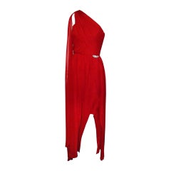 1980s Carolyne Roehm Vivid Red Silk Chiffon One-Shoulder Goddess Gown