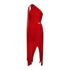 1980s Carolyne Roehm Vivid Red Silk Chiffon One-Shoulder Goddess Gown 6