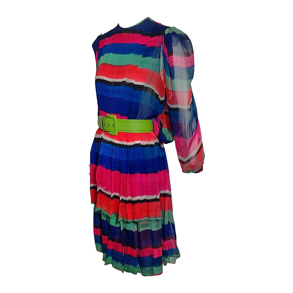 1980s James Galanos Colorful Striped Silk Chiffon Blouson-Back Dress