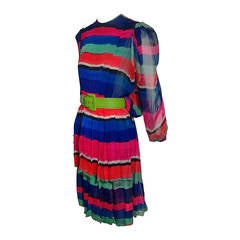 1980s James Galanos Colorful Striped Silk Chiffon Blouson-Back Dress