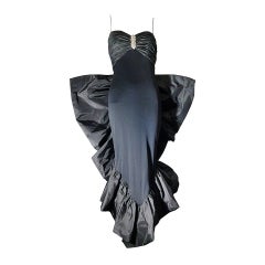 1980s Jill Richards Dramatic Black Fan-Tail Bustle Cocktail Dress
