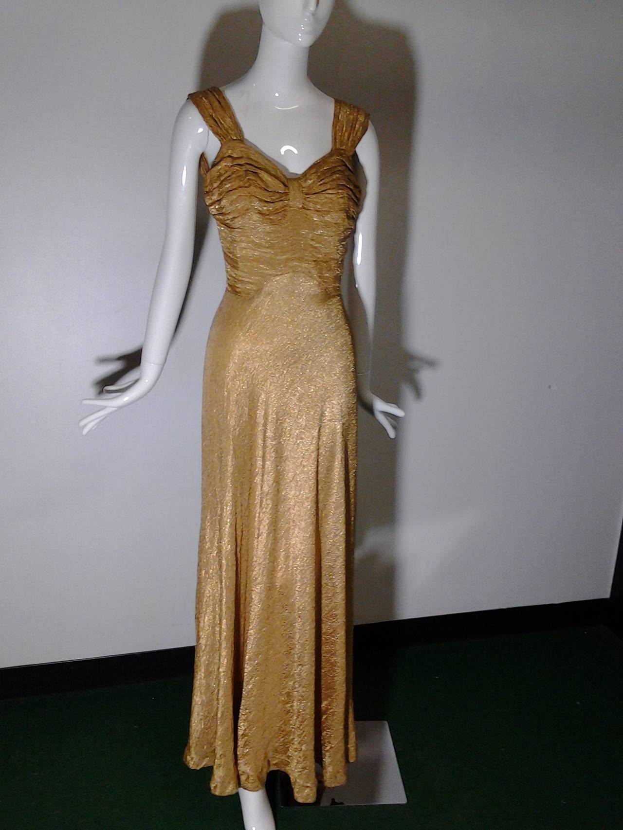 1930s Gold Lame Bias Cut Gown w/ Sexy Lace-Up Back Detail and Full Hem 2