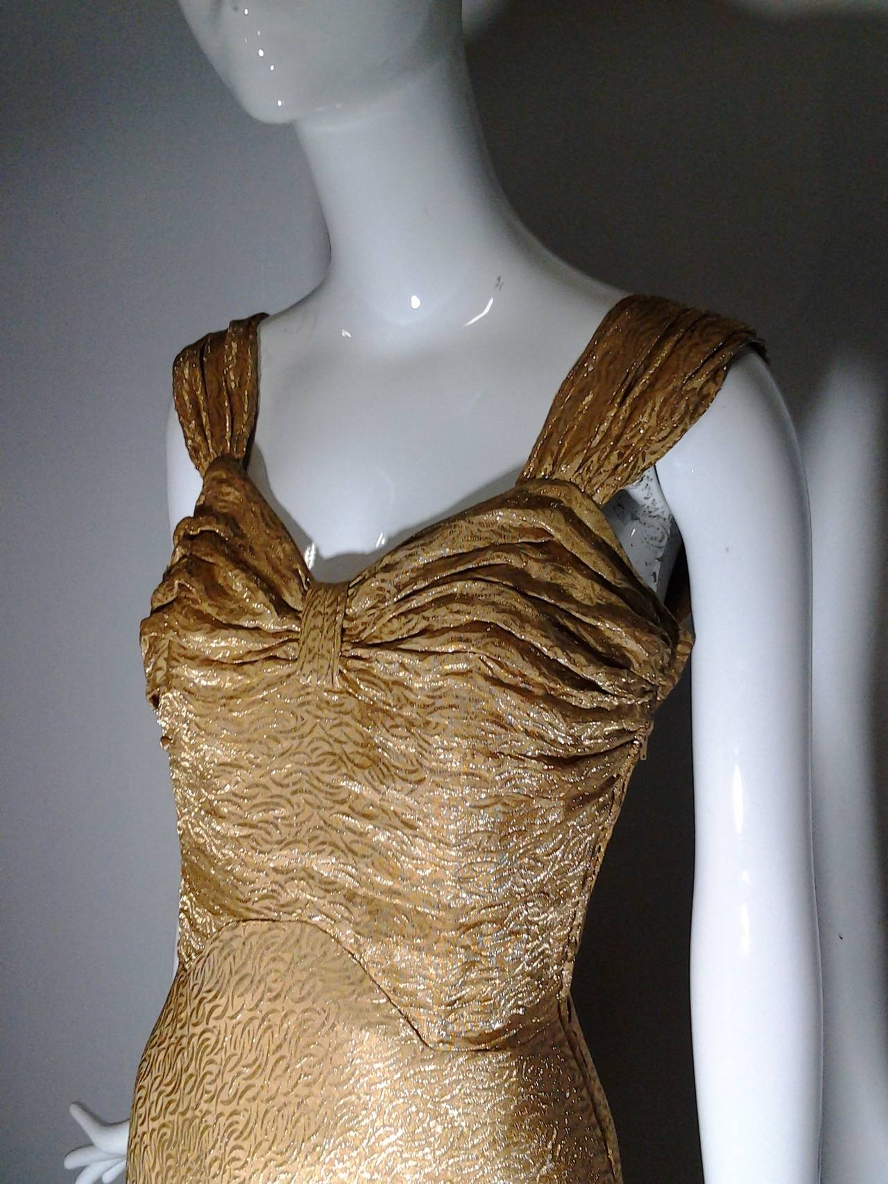 Women's 1930s Gold Lame Bias Cut Gown w/ Sexy Lace-Up Back Detail and Full Hem