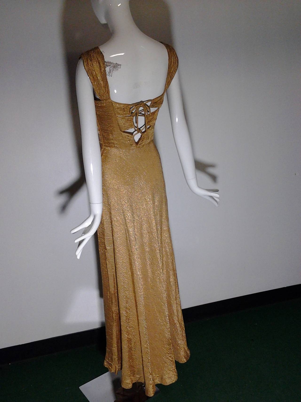 1930s Gold Lame Bias Cut Gown w/ Sexy Lace-Up Back Detail and Full Hem 1