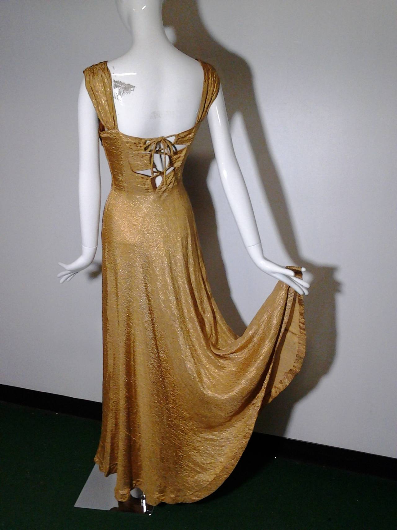 Brown 1930s Gold Lame Bias Cut Gown w/ Sexy Lace-Up Back Detail and Full Hem
