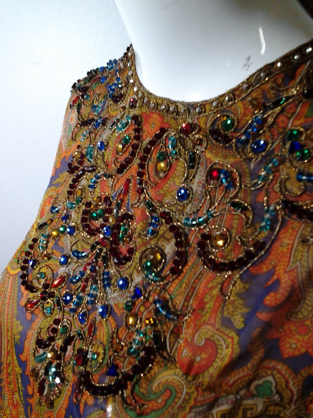 Nina Ricci Haute Couture Paisley Silk Chiffon Gown with Turban, 1960s 1