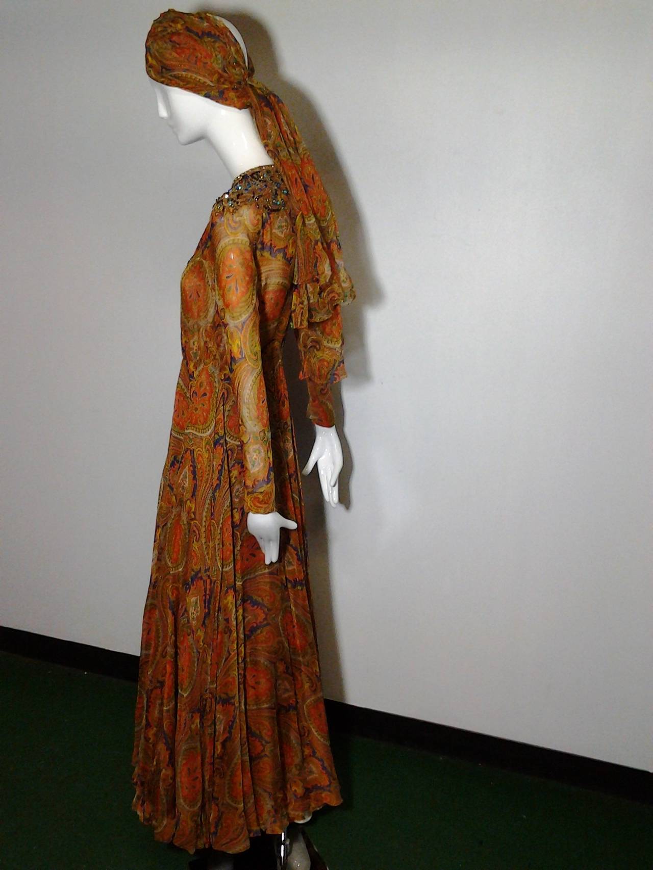 Brown Nina Ricci Haute Couture Paisley Silk Chiffon Gown with Turban, 1960s