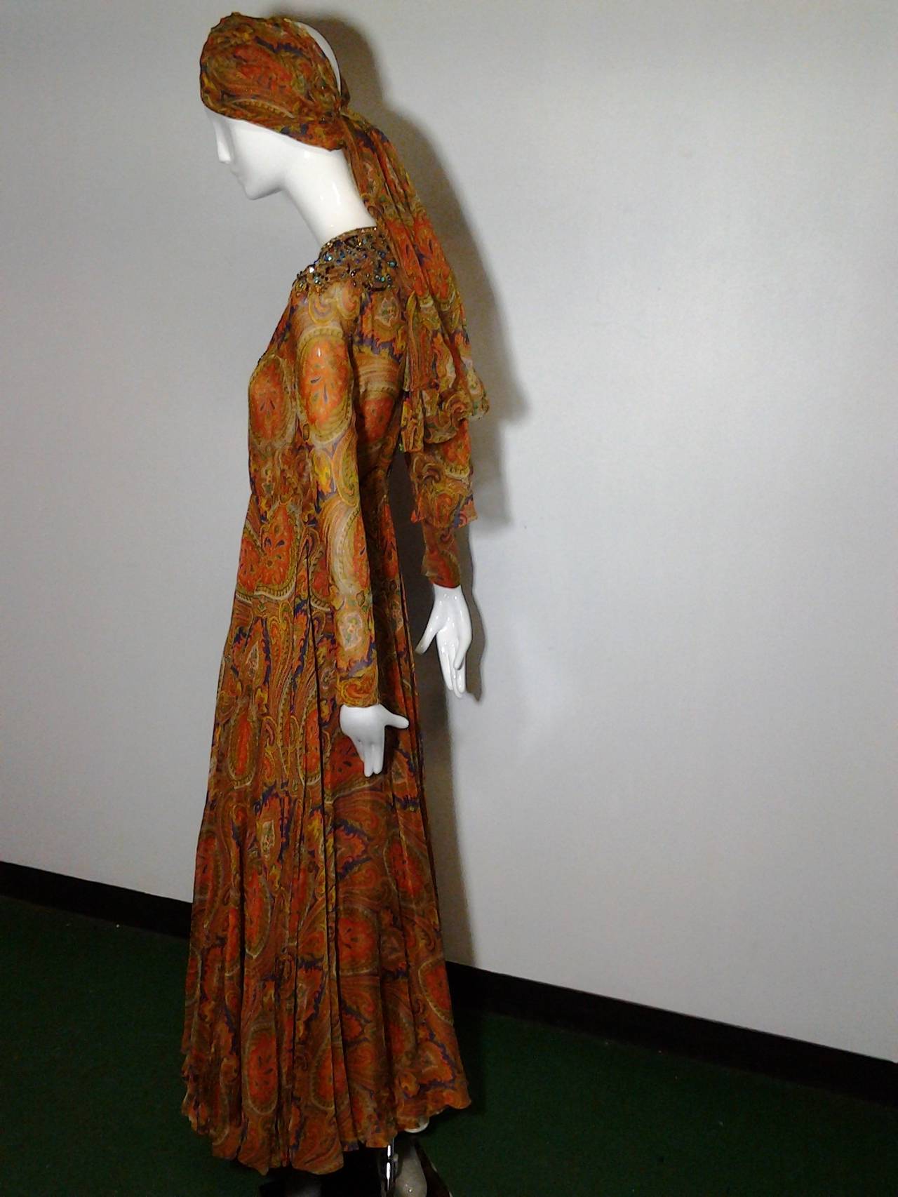 Brown Nina Ricci Haute Couture Paisley Silk Chiffon Gown with Turban, 1960s 