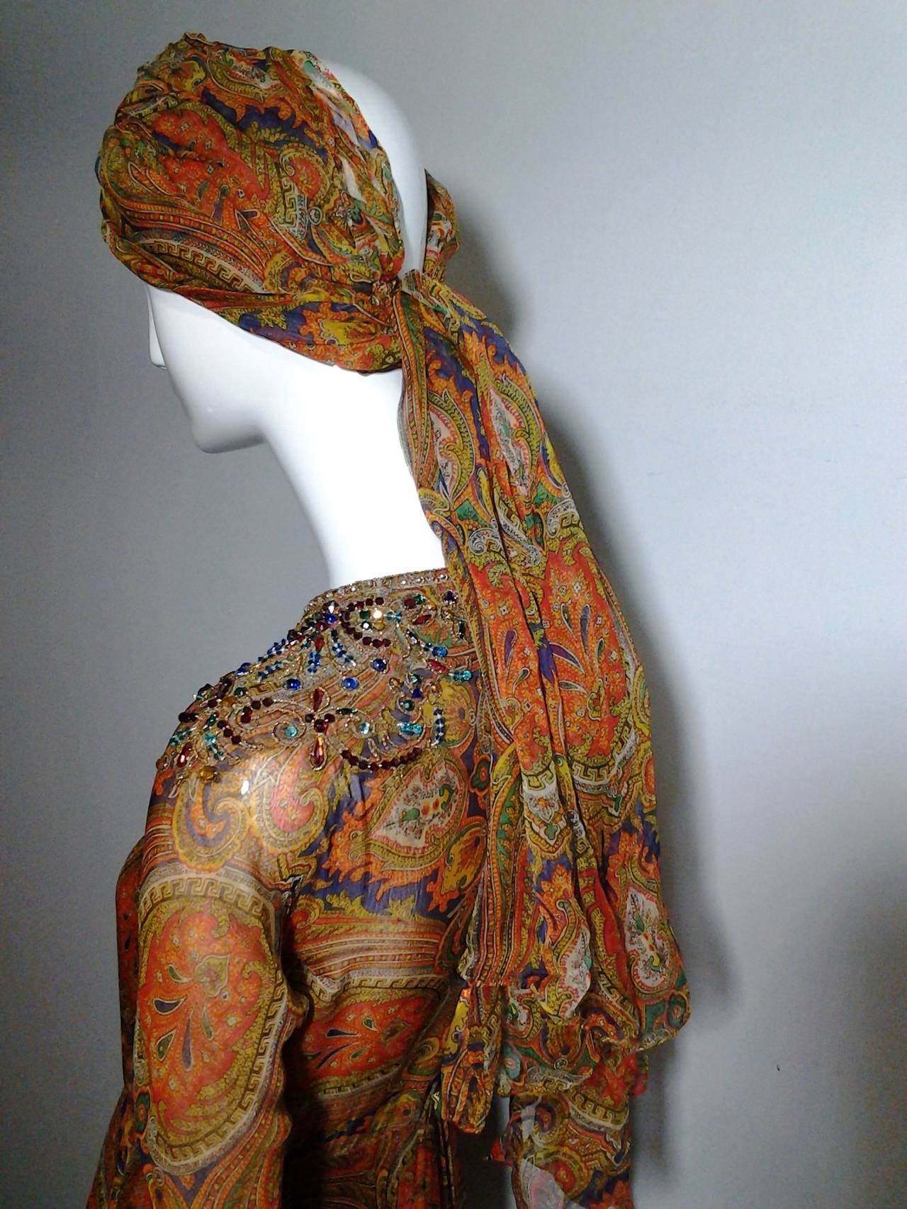 Nina Ricci Haute Couture Paisley Silk Chiffon Gown with Turban, 1960s In Excellent Condition In Gresham, OR