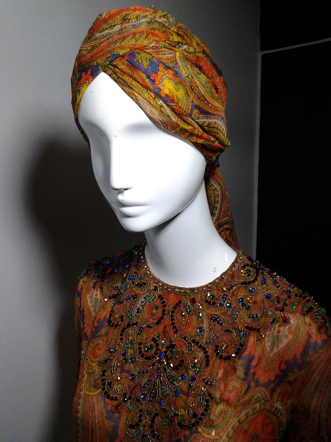 Women's Nina Ricci Haute Couture Paisley Silk Chiffon Gown with Turban, 1960s 