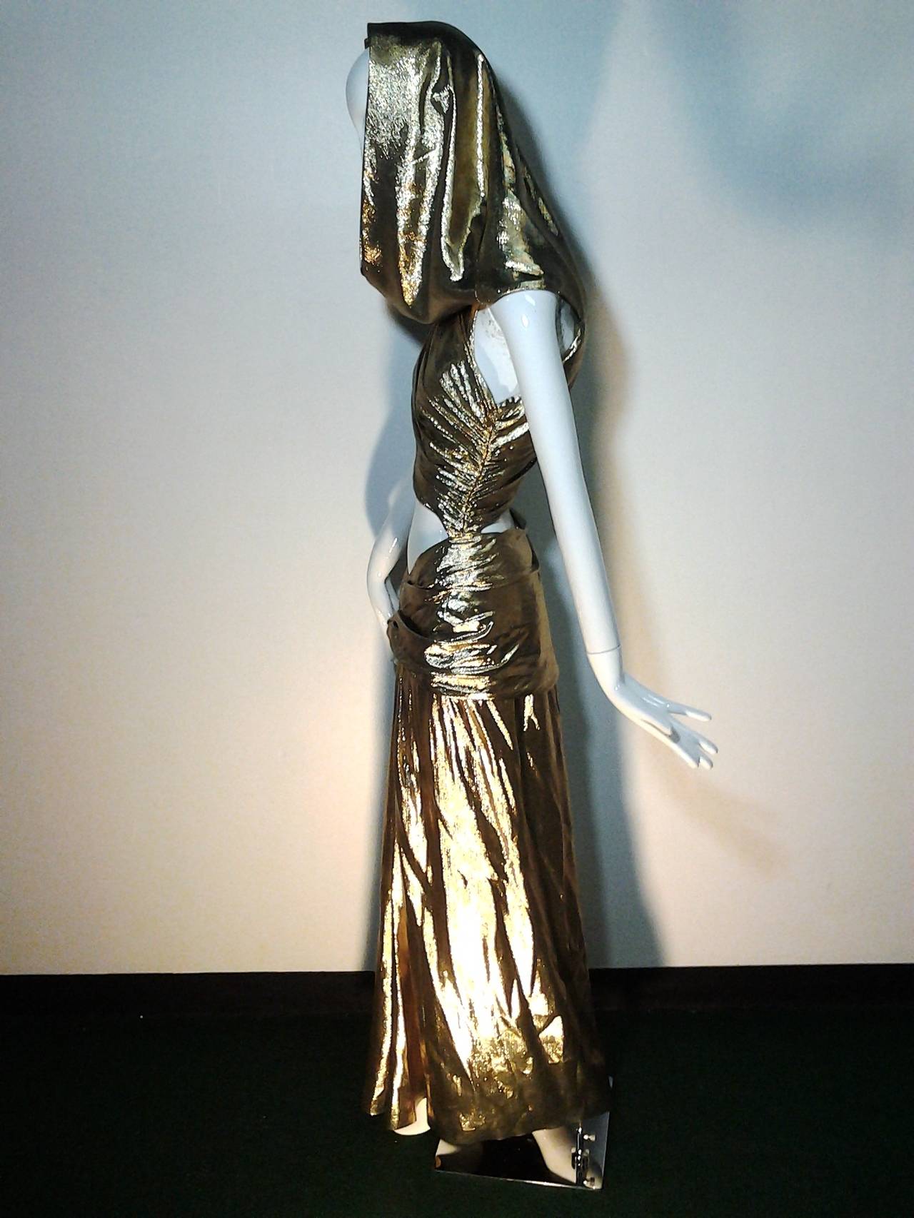 1991 Iconic Yves Saint Laurent Rive Gauche Gold Lamé Hooded Evening Dress In Excellent Condition In Gresham, OR